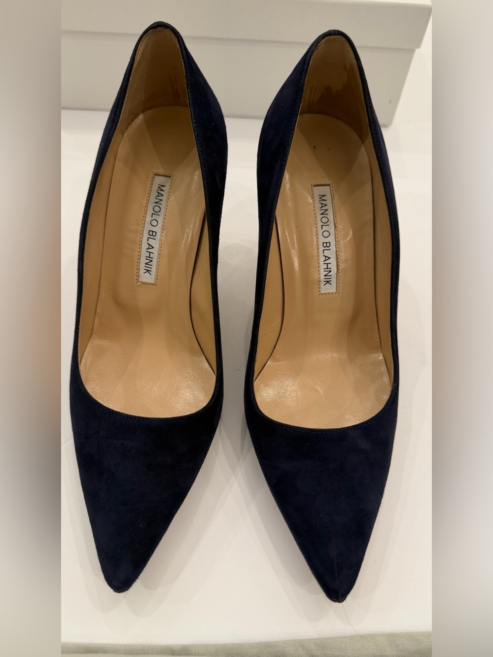 Manolo Blahnik Navy Suede Pointed-Toe Pumps